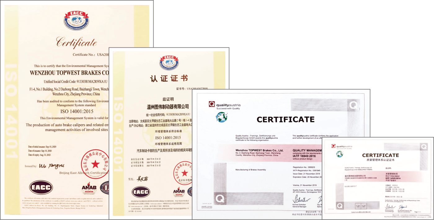 TOPWEST IATF 16949 and ISO 14001 certificates
