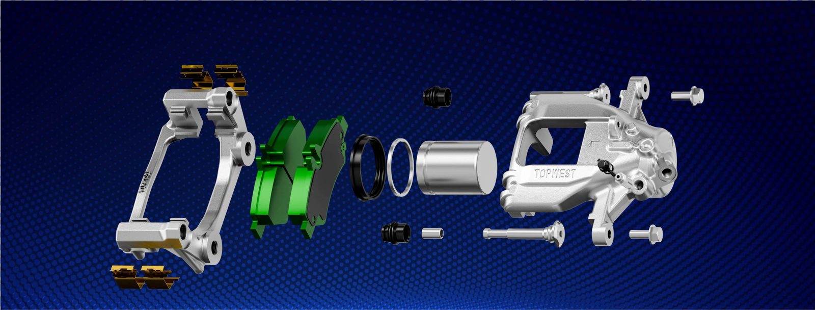 Exploded view of a TOPWEST EPB electronic parking brake caliper